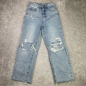 SHEIN Jeans Women’s XS (00) Blue Straight High Rise Denim Torn Ripped